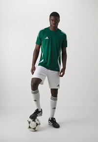 Roheline Adidas jalgpalliform, millel on valged detailid, valged lühikesed püksid, mustad jalgpallijalatsid ja triibulised sokid, seisab musta-valge jalgpallipalli kõrval.