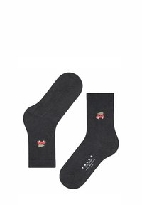 Calze grigie scure con polsini elasticizzati, decorate con un ricamo di una macchina rossa e un albero di Natale. Realizzate in un tessuto morbido e strutturato.