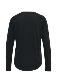 Schwarzes Langarmshirt mit Rundhalsausschnitt, abgerundetem Saum und Raglanärmeln, von hinten gezeigt.