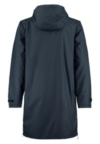 Mörkblå regnjacka med huva, långa ärmar, sidofickor med dragkedja och justerbara mudd med svarta detaljer. Slätt, vattentätt material.