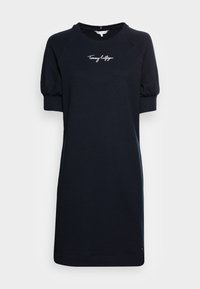 Siniharmaa puuvillamekko ümarate kaelustega, lühikeste puhvärvidega ja rinna peal tikitud "Tommy Hilfiger" logoga.