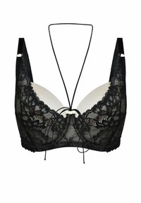 Czarny koronkowy biustonosz z miękkimi miseczkami, regulowanymi ramiączkami oraz ozdobnym przednim wiązaniem ze złotymi akcentami. Misterny wzór kwiatowy.