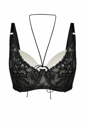 Czarny koronkowy biustonosz z miękkimi miseczkami, regulowanymi ramiączkami oraz ozdobnym przednim wiązaniem ze złotymi akcentami. Misterny wzór kwiatowy.