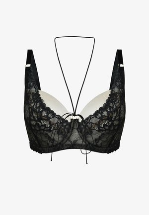 Czarny koronkowy biustonosz z miękkimi miseczkami, regulowanymi ramiączkami oraz ozdobnym przednim wiązaniem ze złotymi akcentami. Misterny wzór kwiatowy.