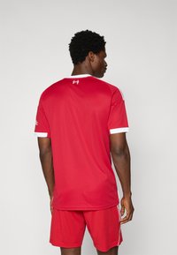 Tricou sportiv roșu cu mâneci scurte, guler plat și accente albe. Material neted, ușor, cu un logo pe spatele gâtului.
