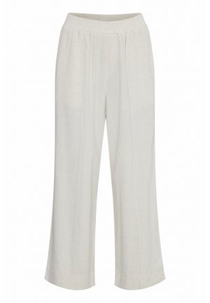 Svetlo béžovéľanové nohavice s širokým strihom, majú uvoľnený strih, elastický pás a jemné vertikálne švy.