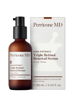 Bouteille et boîte du sérum Perricone MD High Potency Triple Retinol Renewal, 59 mL, avec distributeur à pompe et détails du produit visibles.