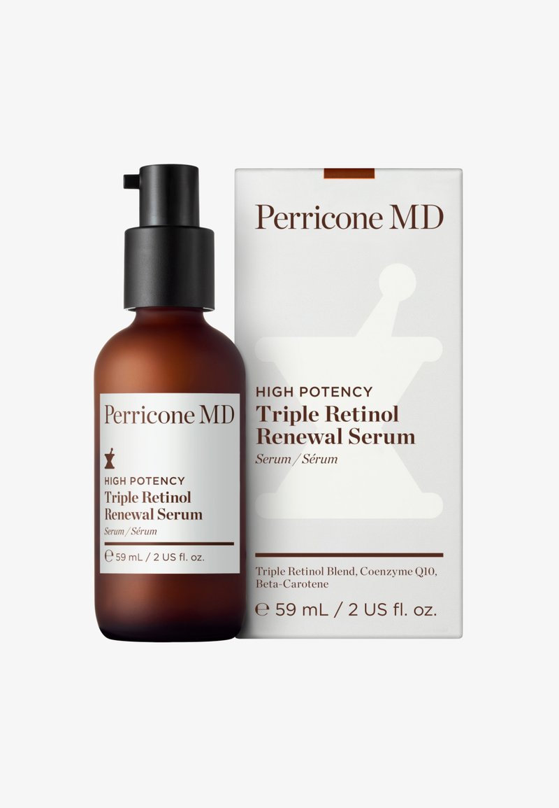Perricone MD High Potency Triple Retinol Renewal Serum Flasche und Verpackung, 59 ml, mit Pumpspender und sichtbaren Produktdetails.