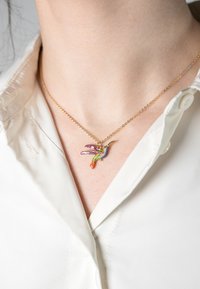 Gouden ketting met een kleurrijke kolibrie hanger, gedragen door een persoon in een wit overhemd met kraag.