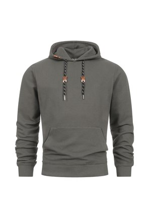 Grijze hoodie met een voorzak, gemetst weefsel, verstelbare zwart-witte trekkoorden en houten accenten bij de hals.