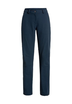 Navy blue, soft fabric pants with a tailored fit. Features a button closure, belt loops, and side pockets, designed for comfort and utility.
