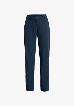 Marineblaue, weiche Stoffhosen mit taillierter Passform. Enthalten einen Knopfverschluss, Gürtelschlaufen und Seitentaschen, gestaltet für Komfort und Funktionalität.