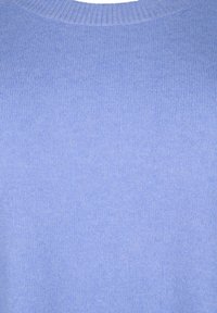 Lichtblauwe trui gemaakt van gebreide stof, met een geribbelde ronde hals en een zachte, gestructureerde oppervlakte.