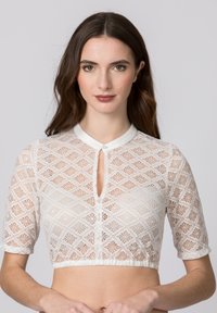 Weißes Spitzen-Crop-Top mit Schlüsselloch-Ausschnitt, kurzen Ärmeln und Rauten-Muster. Strukturiertes Material mit gewelltem Saumdetail.