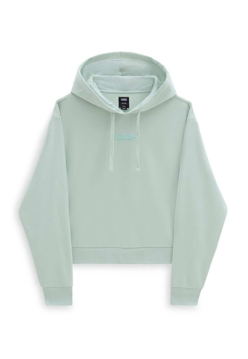 Sudadera recortada de color verde menta, fabricada en un tejido suave. Cuenta con capucha ajustable y logo bordado en la parte frontal. Manga larga con puños acanalados.