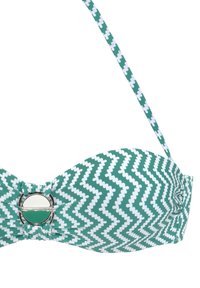Bikini-Oberteil im grün-weißen Zickzackmuster, mit einem zentralen metallischen Akzent und verstellbaren Trägern für einen sicheren Sitz.