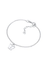 Silverarmband med en delikat kedja, som har en fjärilsberlock. Berlocken är detaljerad med släta linjer och en polerad yta.