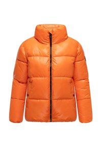 Orange puff Jacket med hög krage, dragkedjestängning, sydda paneler och sidofickor med svarta detaljer.