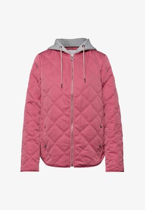 Růžová prošívaná bunda se zipem vpředu, kapsami na cvoky a připojenou šedou kapucí se šňůrkami.