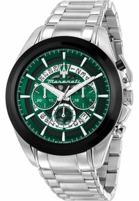 Edelstahlarmbanduhr mit einem grünen Zifferblatt, schwarzem Lünette und drei Teilzifferblättern. Mit einem Gliederarmband und einer Wasserdichtigkeit von bis zu 100 Metern.