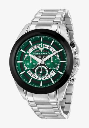 Edelstahlarmbanduhr mit einem grünen Zifferblatt, schwarzem Lünette und drei Teilzifferblättern. Mit einem Gliederarmband und einer Wasserdichtigkeit von bis zu 100 Metern.