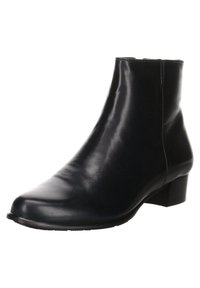Botín de cuero negro hasta el tobillo con un acabado liso, punta redonda y tacón bajo. Cuenta con un zipper lateral para facilitar el uso.