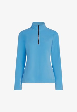 Světle modrý fleecový pulovr s polo zipem. Má dlouhé rukávy a logo Polartec na levém rukávu. Hladká textura.