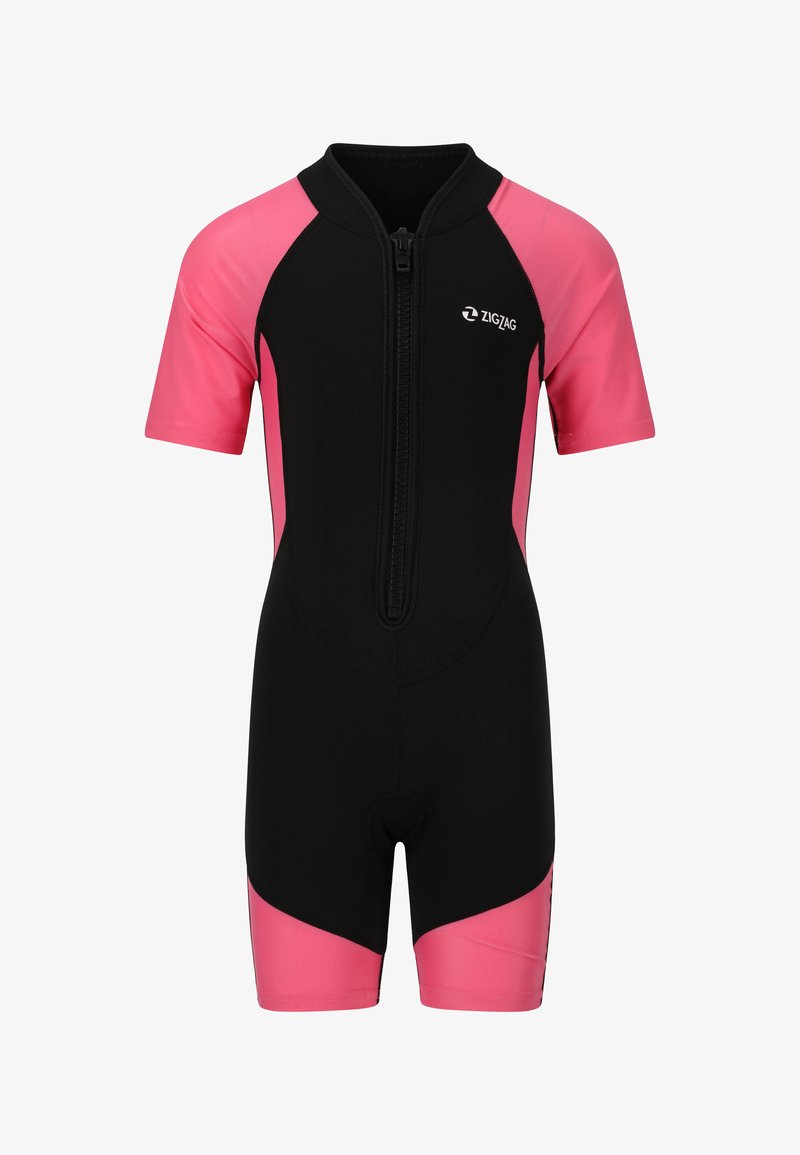 Combinaison de plongée à manches courtes noire et rose avec fermeture éclair à l'avant, fabriquée en matériau extensible, présentant des couleurs contrastées et des coutures renforcées.