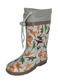 Botte de pluie en caoutchouc colorée avec une base gris clair et des motifs de dinosaures verts, oranges et noirs, comprenant également un haut avec cordon de serrage gris.