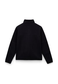 Black fleece pullover with a high collar, long sleeves, and a slightly boxy shape. Features a horizontal seam across the back.