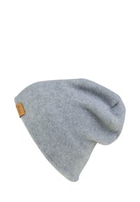 Light gray soft fabric beanie with a small brown label tag on the side, displayed against a white background.