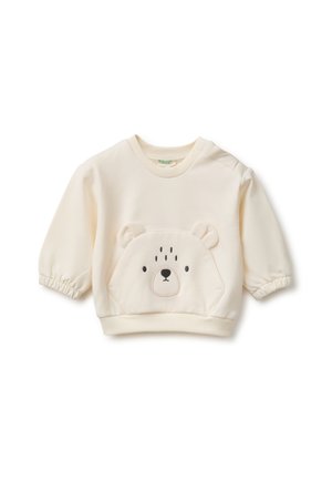 Sudadera para bebé color crema con mangas largas, puños elásticos y un diseño de cara de oso con orejas en el bolsillo delantero.