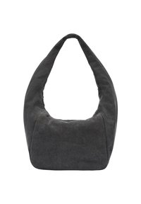 Dunkelgraue Stofftasche mit geschwungener Silhouette, breitem Schultergurt und Reißverschlussverschluss. Sanfte Textur, minimalistisches Design ohne Muster.