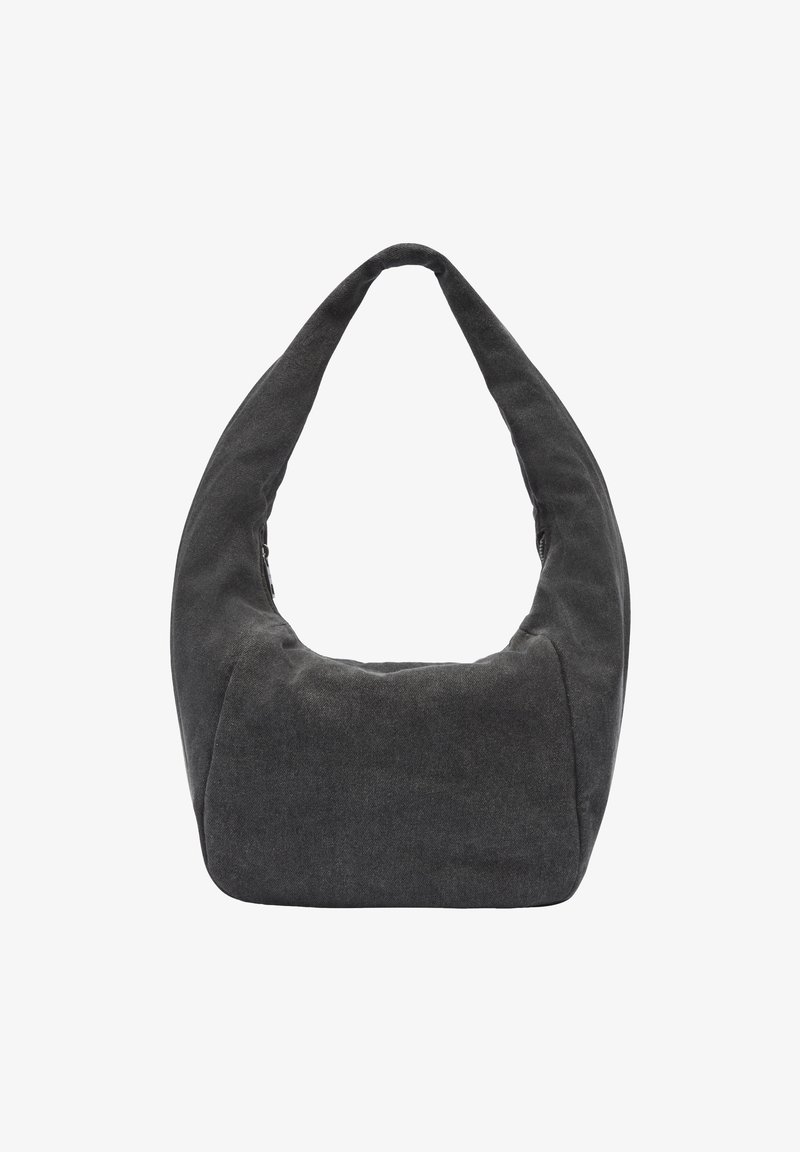Dunkelgraue Stofftasche mit geschwungener Silhouette, breitem Schultergurt und Reißverschlussverschluss. Sanfte Textur, minimalistisches Design ohne Muster.
