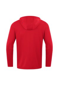 Rote Kapuzenlangarmshirt mit glatter Textur. Verfügt über eine Kordelzugkapuze und verjüngte Ärmel. Einfaches, nahtloses Rückendesign.