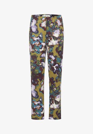 Hlače s cvjetnim uzorkom u maslinasto zelenoj boji, koje sadrže nijanse ljubičaste, plave i smeđe. Glatka tkanina s uskim, ravnim krojem.
