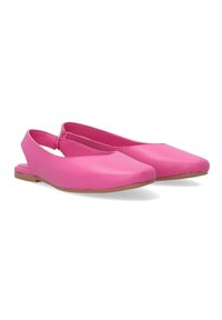 Rosa Leder Slingback-Schuhe mit spitzem Zehenbereich und flacher Sohle. Glatte Textur, minimale Details und ein offenes Fersen-Design.