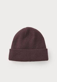 Burgundy knit beanie with a folded ribbed cuff, soft texture, and seamless crown, suitable for cold weather wear.