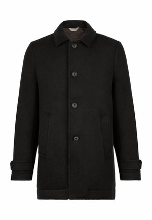 Manteau en laine noir avec un col, fermeture à cinq boutons, deux poches avant et détails aux poignets. Texture lisse et design ajusté.