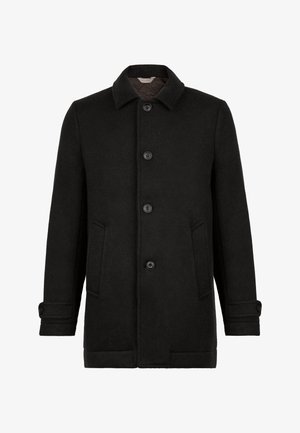Sort uldfrakke med krave, fem knaplukninger, to forlommer og manchet detaljer. Glat tekstur og skræddersyet design.