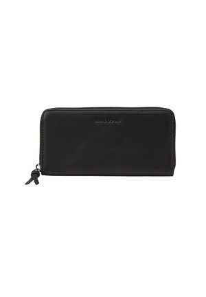 Portefeuille en cuir noir avec fermeture éclair, de forme rectangulaire, détail de logo en relief et texture lisse. Agrémenté d'un petit tirette de fermeture éclair.