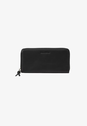 Black leather wallet with a zip closure, rectangular shape, embossed logo detail, and a smooth texture. Accented with a small zipper pull.
