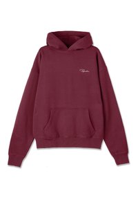 Maroon hoodie made of cotton blend, featuring a front pocket, drawstring hood, and white script logo on the chest. Soft texture.