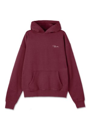 Bordeaux hoodie van een katoenmix, voorzien van een voorzak, een capuchon met trekkoord en een witte scriptlogo op de borst. Zachte textuur.
