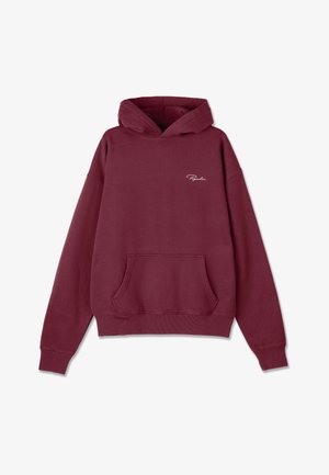 Maroon hoodie made of cotton blend, featuring a front pocket, drawstring hood, and white script logo on the chest. Soft texture.
