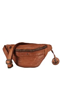 Bruin leren heupriem met een hoofdvak met rits, verstelbare schouderband en een ronde hanger met een ankerlogo. Gladde textuur.