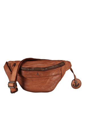 Brown leather fanny pack with a main zippered compartment, adjustable strap, and a round charm featuring an anchor logo. Smooth texture.