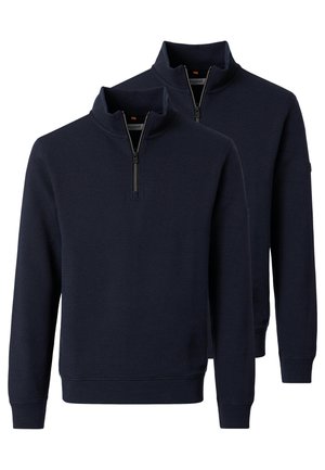 To mørkeblå quarter-zip sweatere med høje kraver og lange ærmer, vist forfra og bagfra på en hvid baggrund.