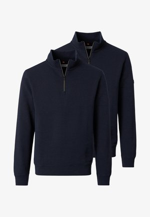 Dwa granatowe swetry z suwakiem do ćwiartki, z wysokim kołnierzem i długimi rękawami, pokazane z przodu i z tyłu na białym tle.