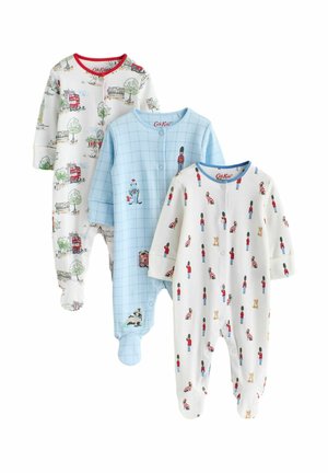 Tri detské pyžamá s nohavičkami s motívmi Londýna: červené dvojposchodové autobusy, kráľovskí strážcovia a pamiatky v jemných farbách.